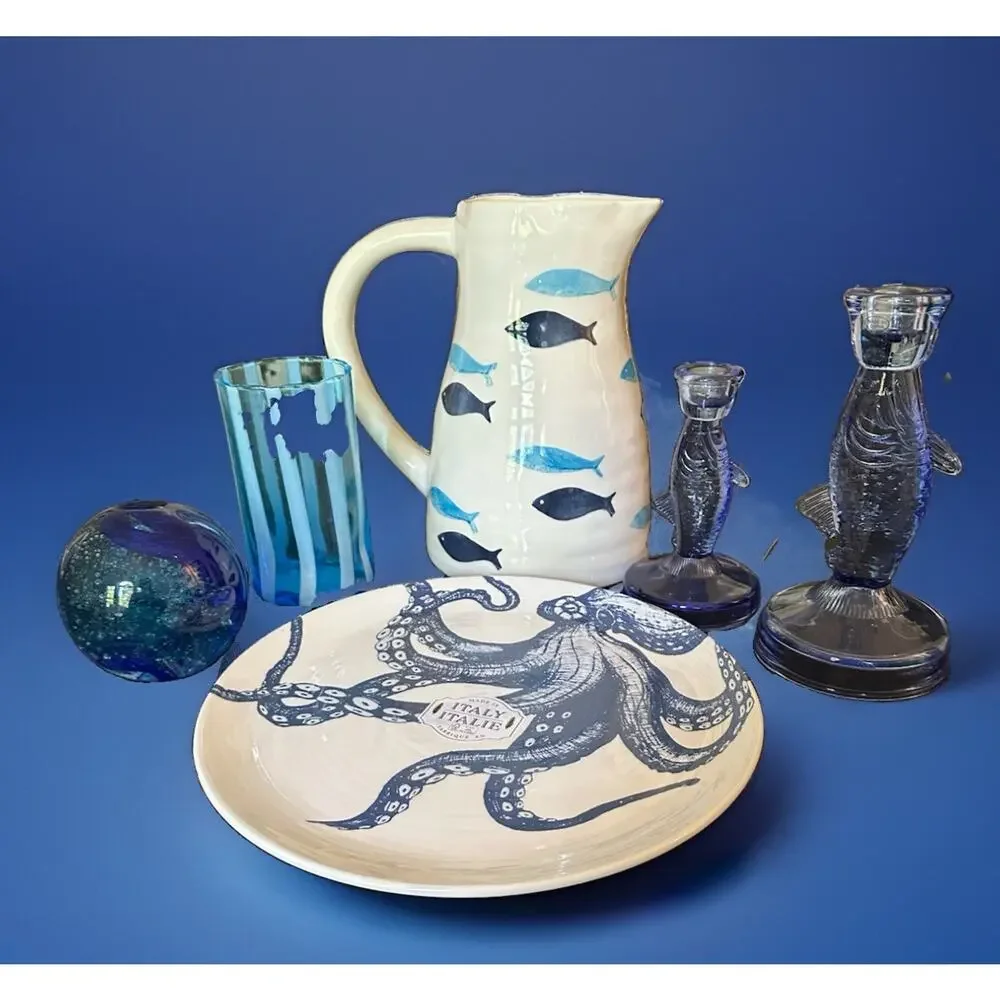 New White Pitcher Cobalt & Aqua Blue Sardine Fish Motif Handmade In Portugal 9”